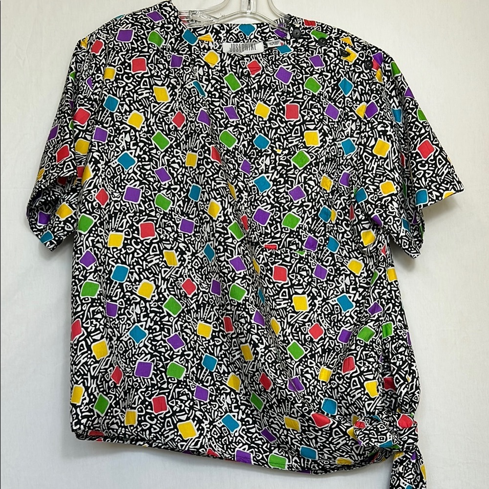 Josephine Vintage Abstract Blouse Size Large Short Sleeve Side Tie Excellent